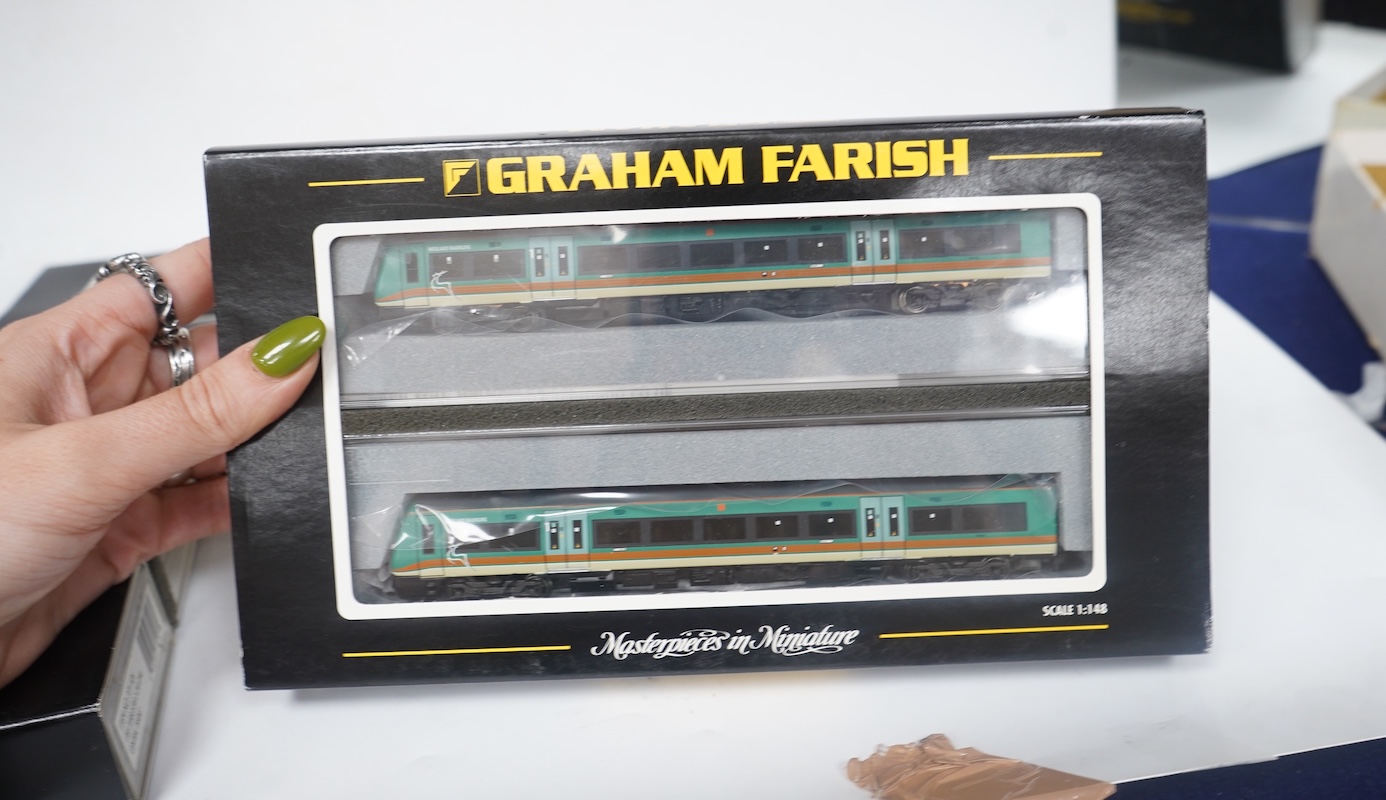 Three boxed Graham Farish N gauge railway DMU train packs; a South West Trains 170/4 2-car DMU (371-427), a Midland Mainline 170/1 Turbostar 2-car DMU (371-425), and a Central Trains Turbostar 170/5 2-car DMU (371-426).